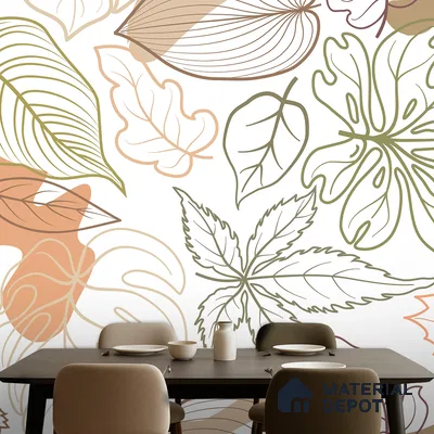 Modern dining room with abstract botanical wallpaper and dark wood dining table in Bengaluru