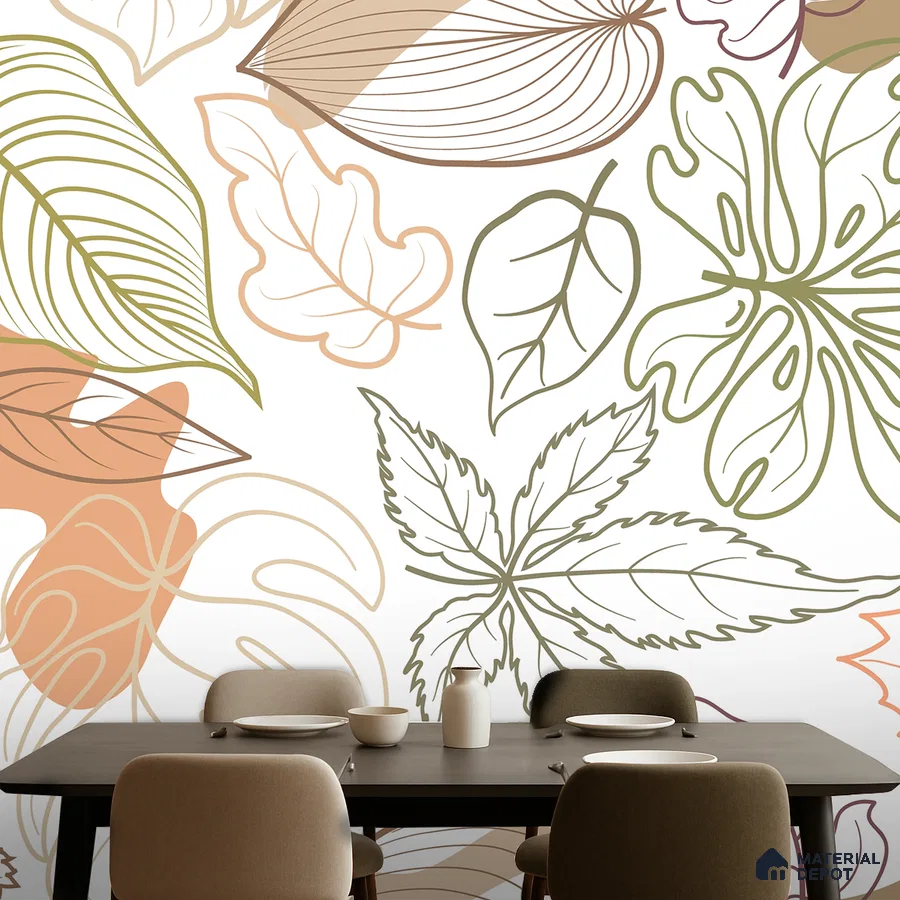 Modern dining room with abstract botanical wallpaper and dark wood dining table in Bengaluru