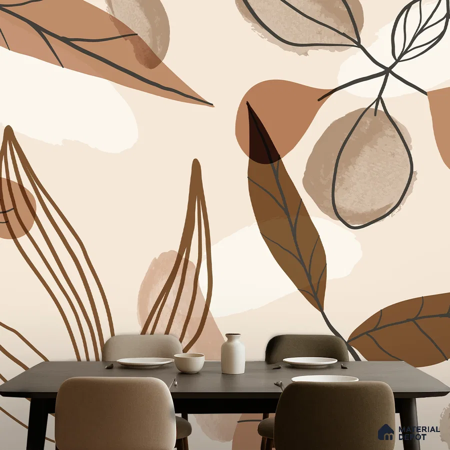 Modern dining room with abstract brown and beige patterned wallpaper and dark wood dining table in Bengaluru