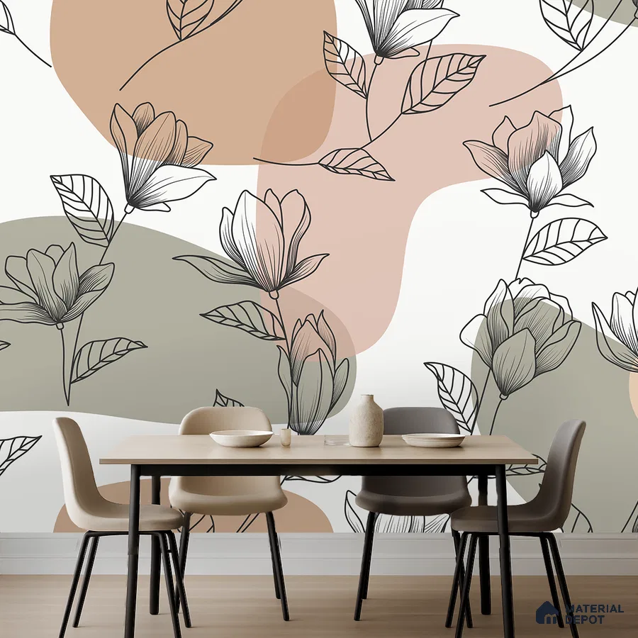 Modern dining room with abstract floral wallpaper and light wood flooring in Bengaluru