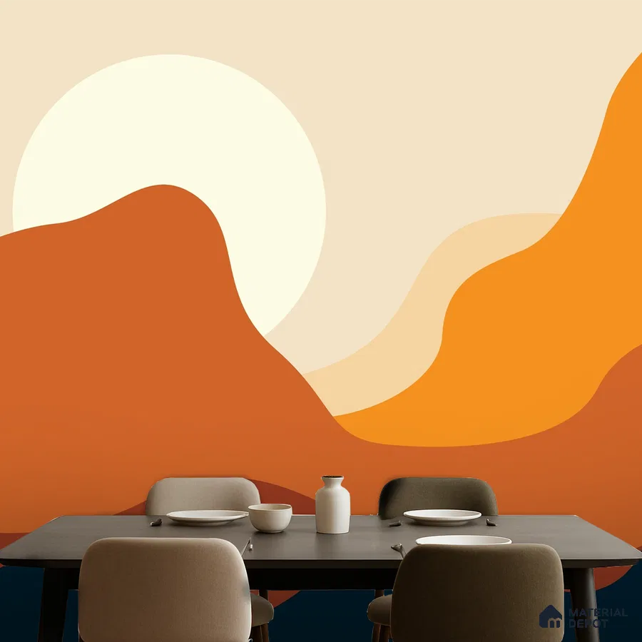 Modern dining room with abstract sunset patterned wallpaper and matte black dining table in Bengaluru