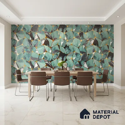 Modern dining room with abstract turquoise wallpaper and marble floor tiles