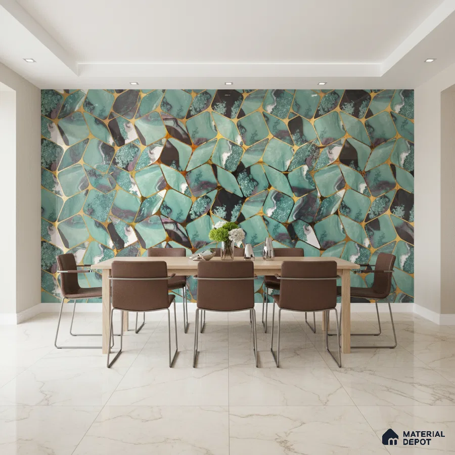 Modern dining room with abstract turquoise wallpaper and marble floor tiles