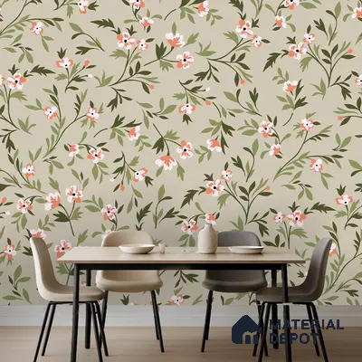 Modern dining room with beige floral wallpaper and light wood dining table in Bengaluru