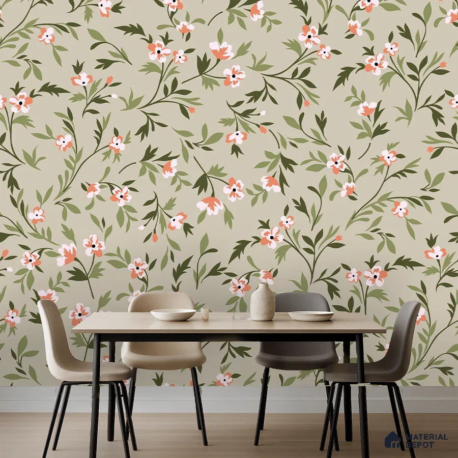 Modern dining room with beige floral wallpaper and light wood dining table in Bengaluru