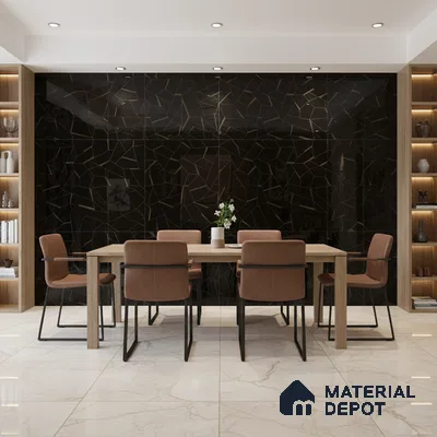 Modern dining room with black geometric high gloss wall tiles and white marble floor tiles