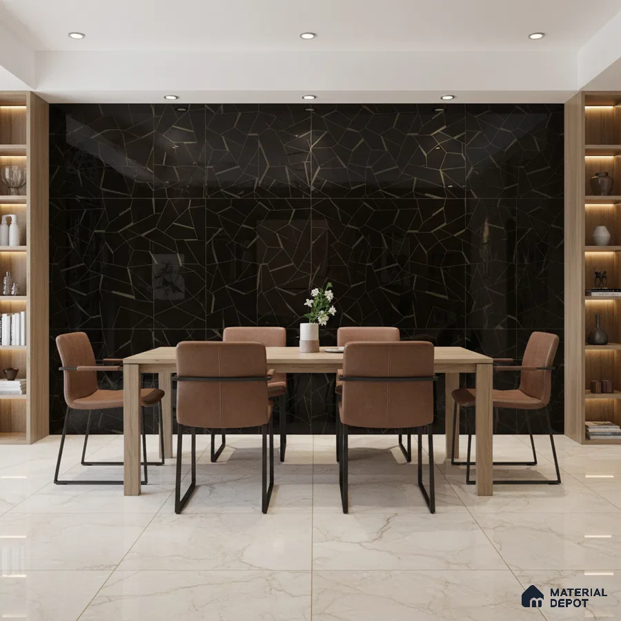 Modern dining room with black geometric high gloss wall tiles and white marble floor tiles