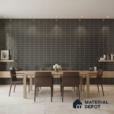 Modern dining room with black subway wall tiles and marble floor tiles