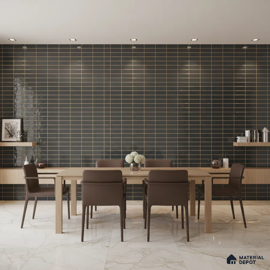 Modern dining room with black subway wall tiles and marble floor tiles