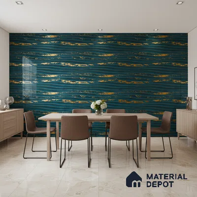 Modern dining room with blue and gold abstract wallpaper and beige marble floor tiles