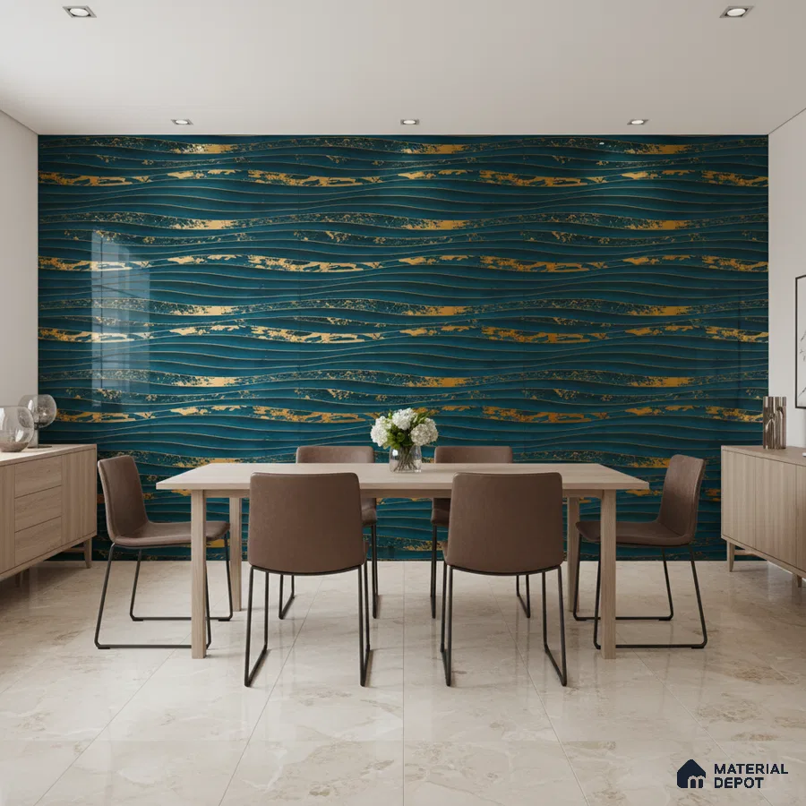 Modern dining room with blue and gold abstract wallpaper and beige marble floor tiles
