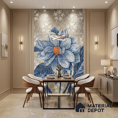 Modern dining room with blue floral mosaic accent wall tile and beige marble floor