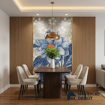 Modern dining room with blue floral mosaic poster wall mural tile accent, wood slat wall panels, and wooden flooring