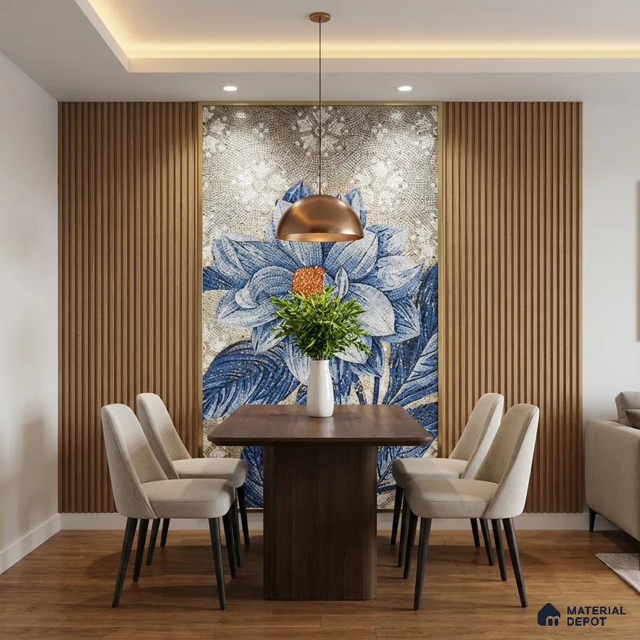Modern dining room with blue floral mosaic poster wall mural tile accent, wood slat wall panels, and wooden flooring