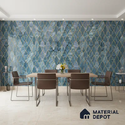 Modern dining room with blue moroccan wall tiles and beige marble floor tiles