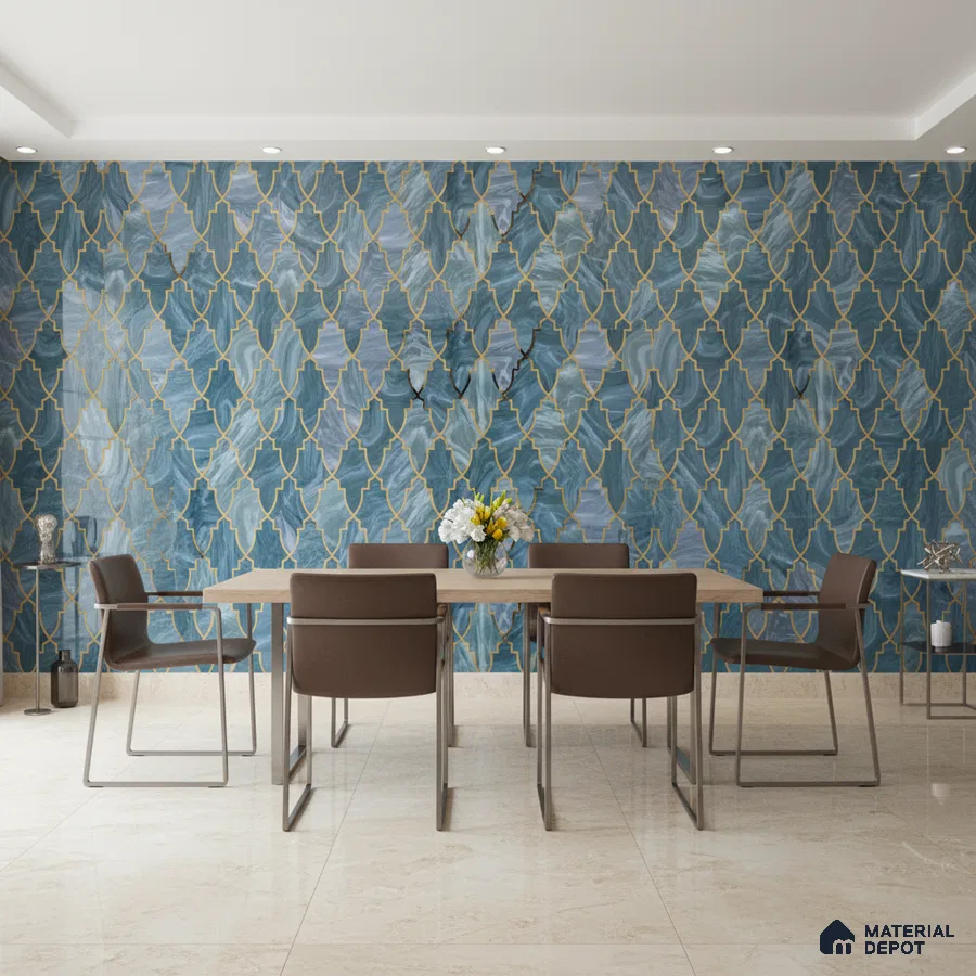Modern dining room with blue moroccan wall tiles and beige marble floor tiles