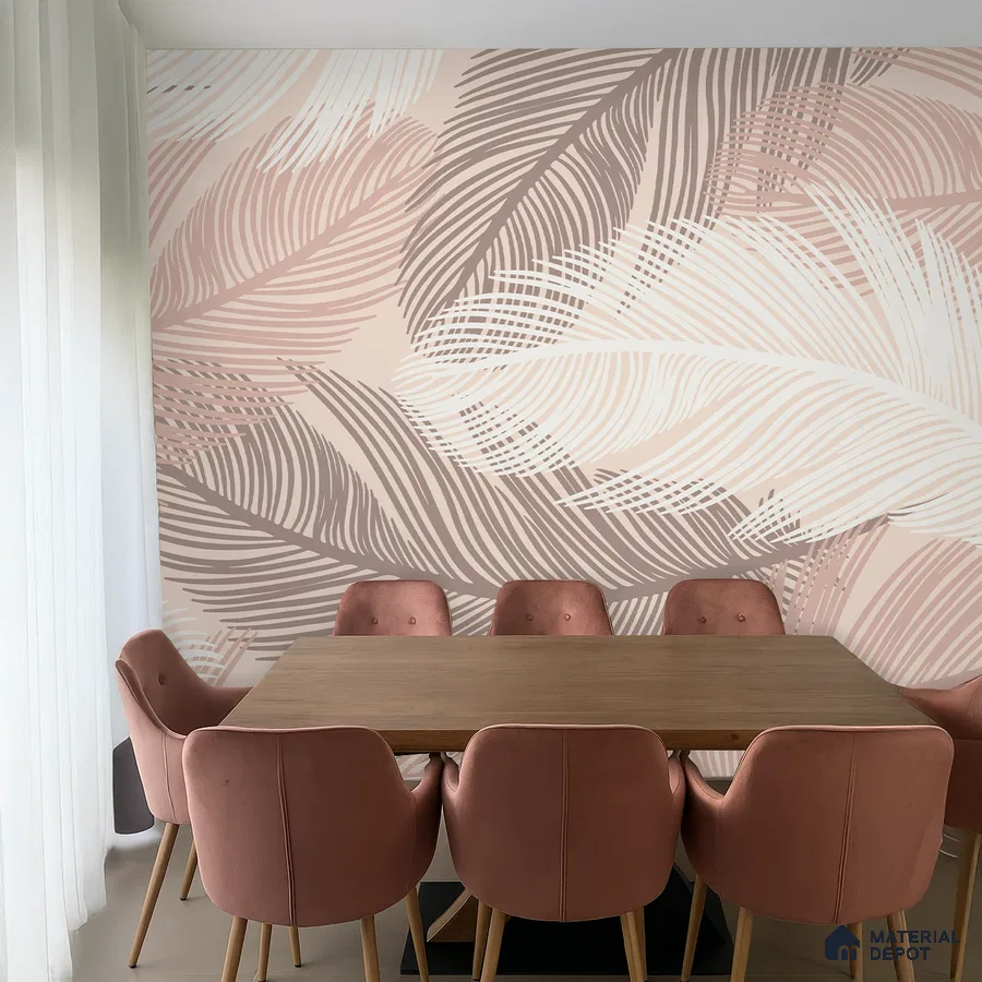 Modern dining room with blush pink patterned wallpaper and wooden dining table in Bengaluru