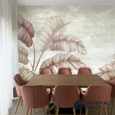 Modern dining room with blush pink velvet chairs and tropical patterned wallpaper in Bengaluru