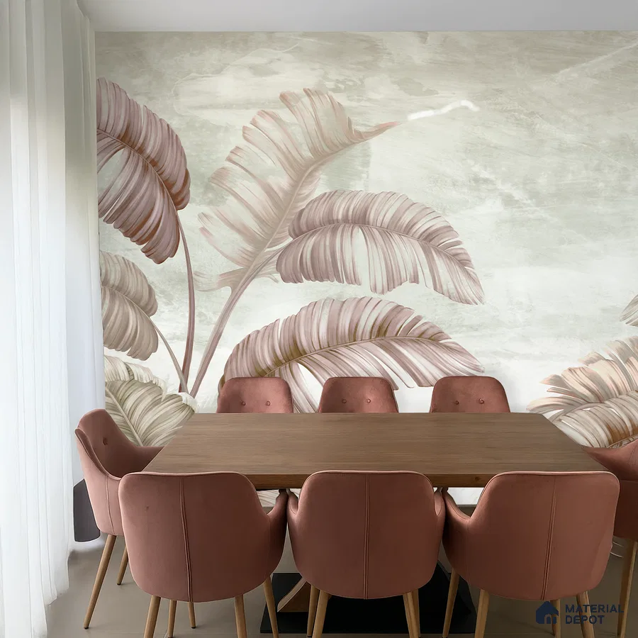 Modern dining room with blush pink velvet chairs and tropical patterned wallpaper in Bengaluru