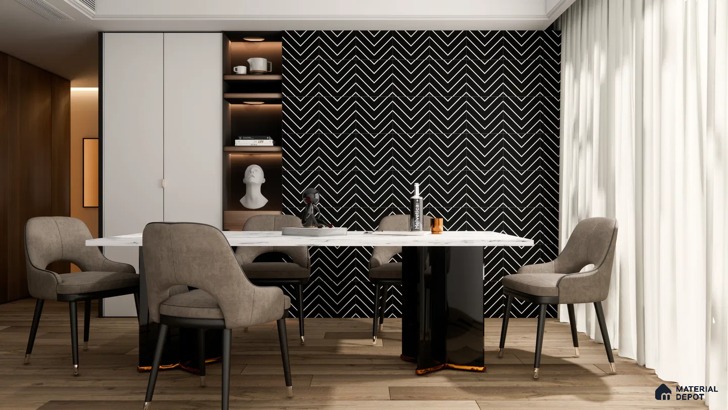 Modern Dining Room with Bold Chevron Accent Wall | Material Depot