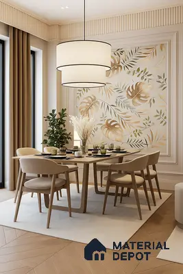 Modern Dining Room with Botanical Accent Wall and Elegant Neutral Tones | Material Depot
