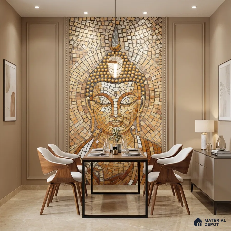 Modern dining room with Buddha mosaic poster wall tile and beige marble floor