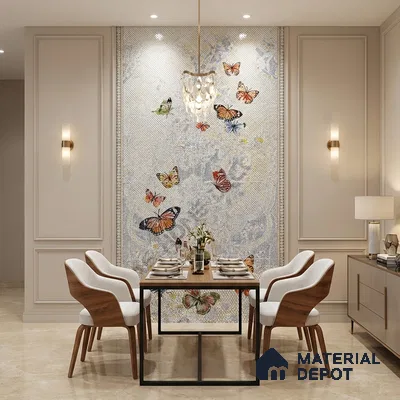 Modern dining room with butterfly mosaic accent wall and beige marble floor tile