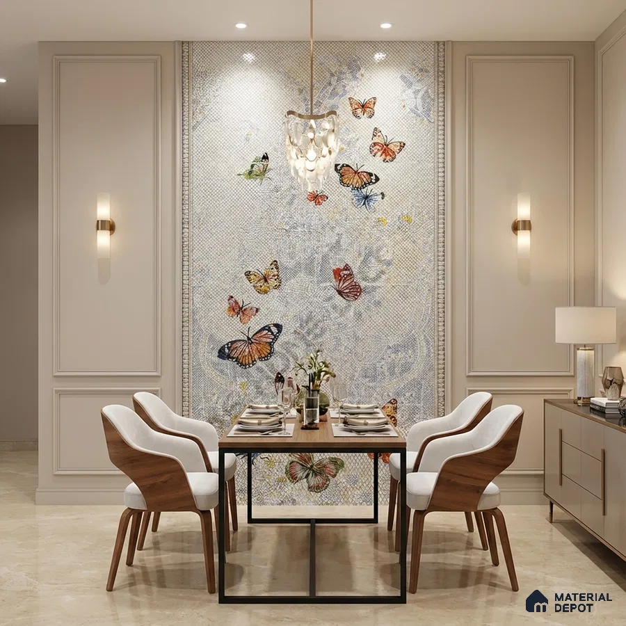 Modern dining room with butterfly mosaic accent wall and beige marble floor tile