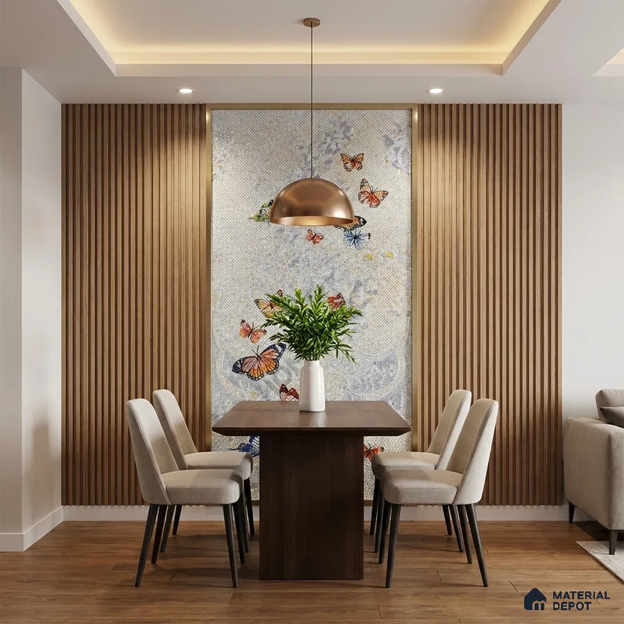 Modern dining room with butterfly patterned wallpaper, wood slat wall panels, and wooden flooring