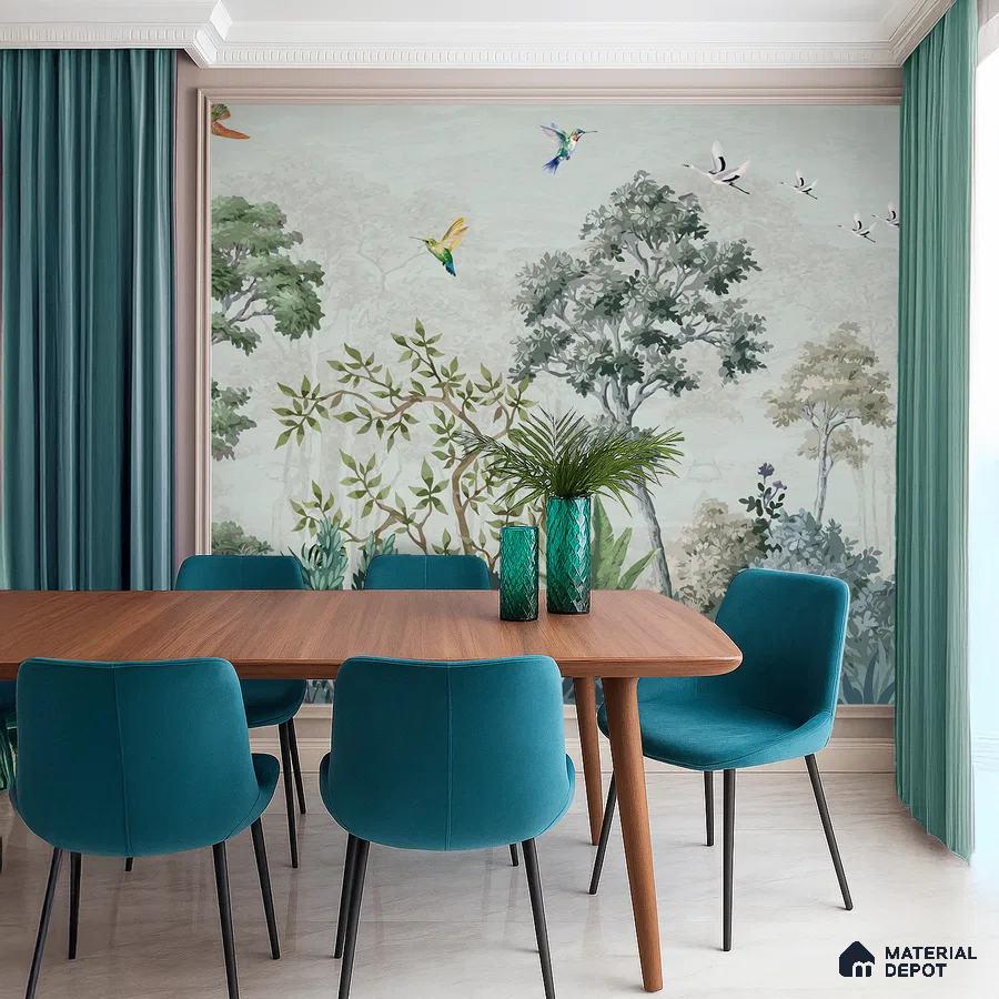 Modern dining room with chinoiserie nature wallpaper, teal upholstery, and wooden dining table in Bengaluru