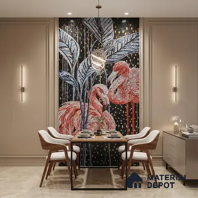 Modern dining room with flamingo mosaic highlighter wall tile and beige marble floor