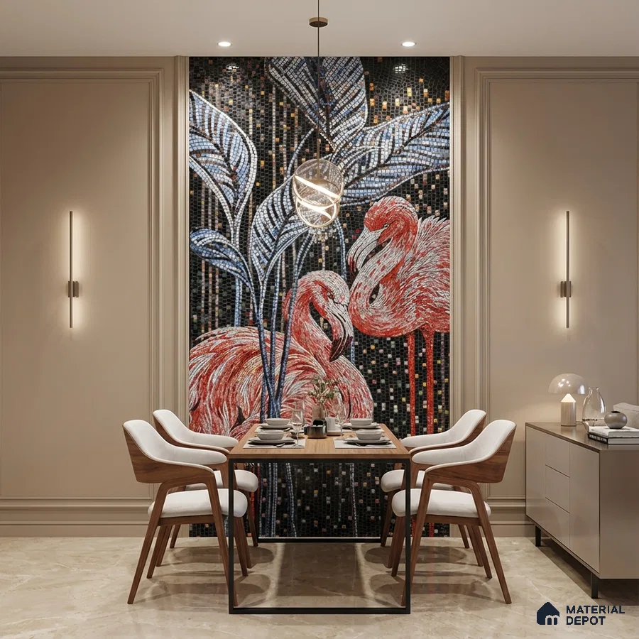 Modern dining room with flamingo mosaic highlighter wall tile and beige marble floor
