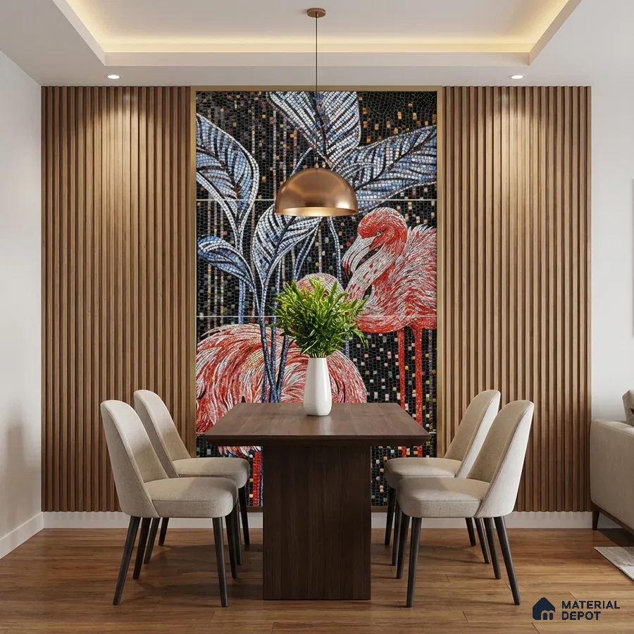 Modern dining room with flamingo mosaic poster wall mural tile accent wall and vertical wood louvers