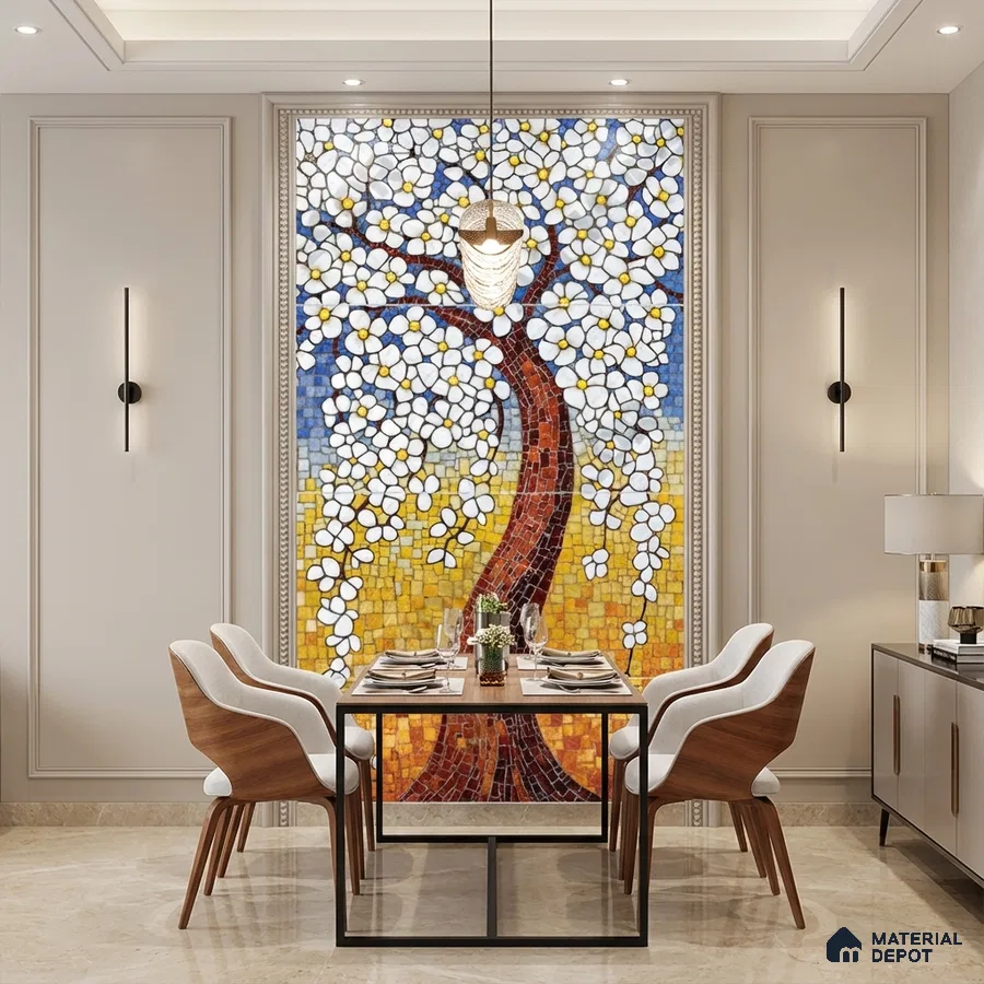Modern dining room with floral mosaic accent wall and beige marble floor tiles