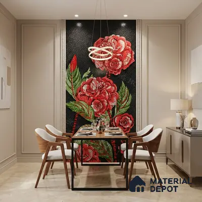 Modern dining room with floral mosaic poster wall mural tile accent wall and beige marble floor