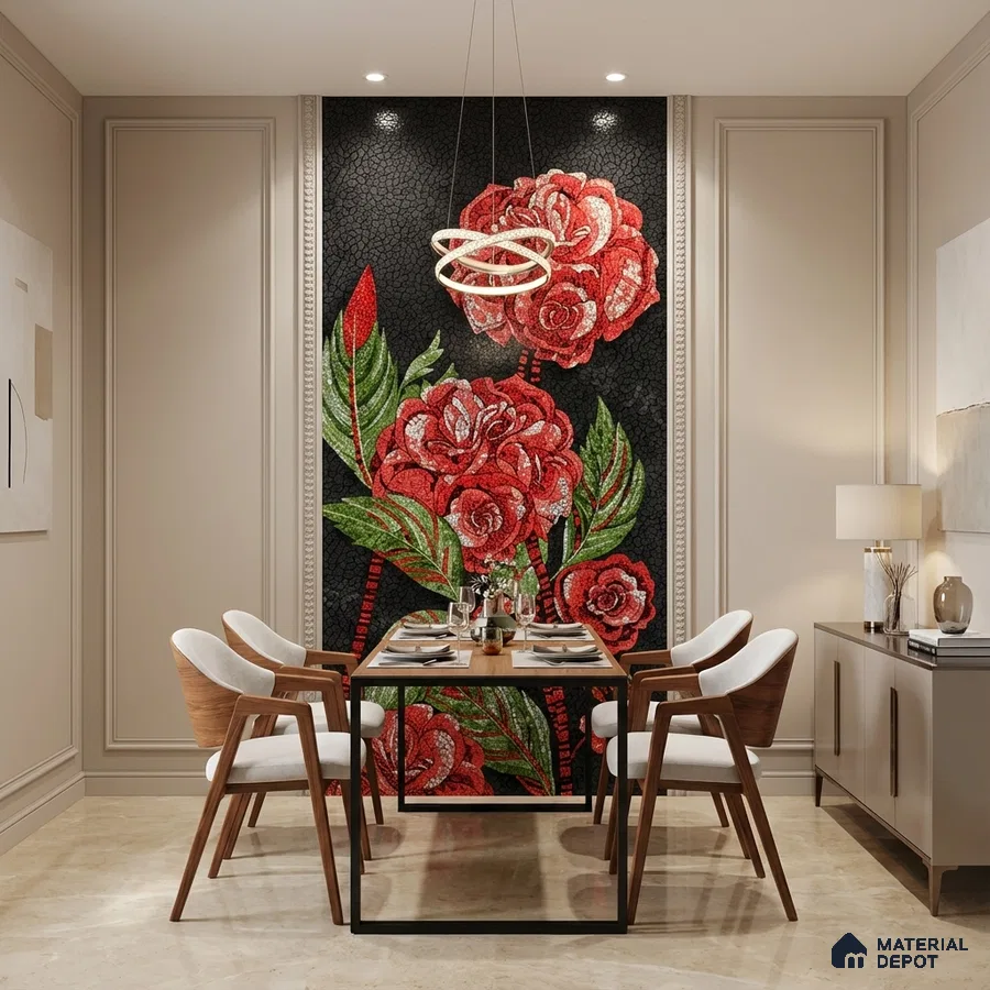 Modern dining room with floral mosaic poster wall mural tile accent wall and beige marble floor