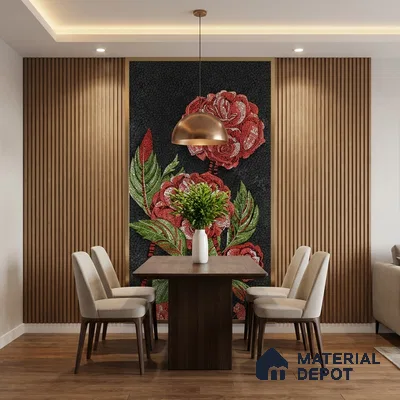 Modern dining room with floral mosaic poster wall mural tile accent, wood slat wall panels, and walnut dining table