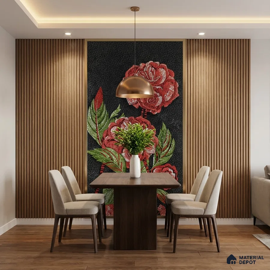 Modern dining room with floral mosaic poster wall mural tile accent, wood slat wall panels, and walnut dining table