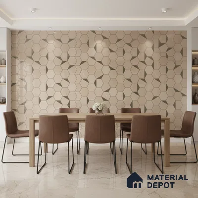Modern dining room with geometric beige wall tiles and marble look floor tiles
