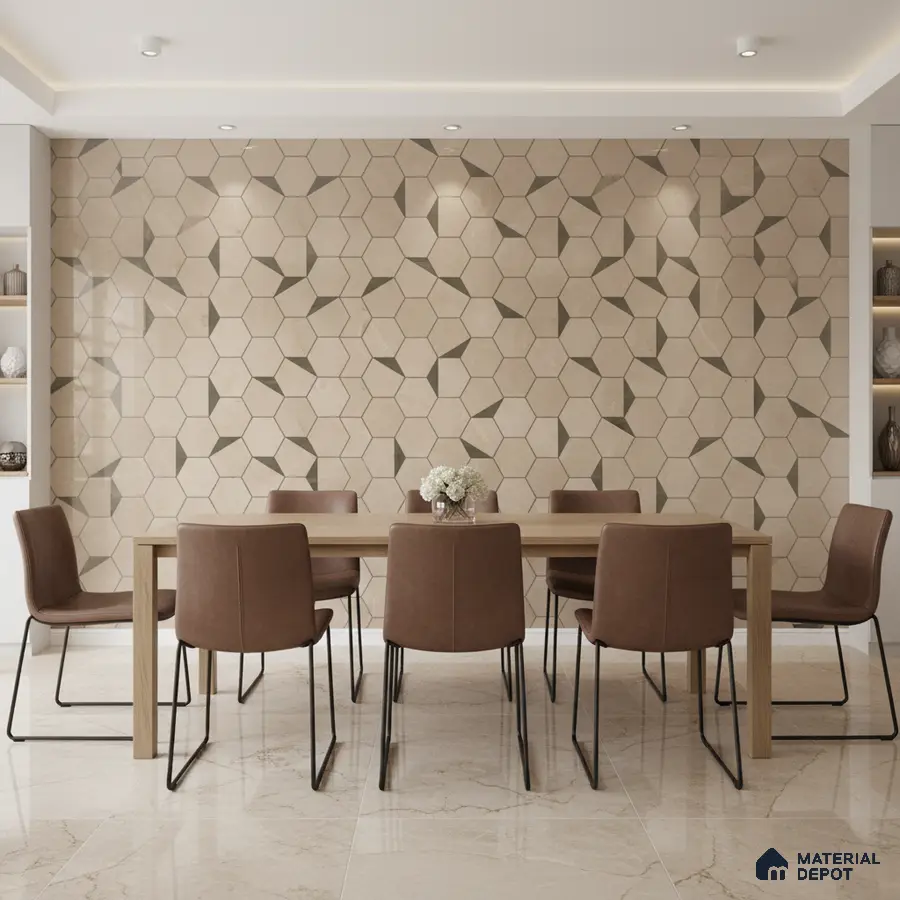 Modern dining room with geometric beige wall tiles and marble look floor tiles