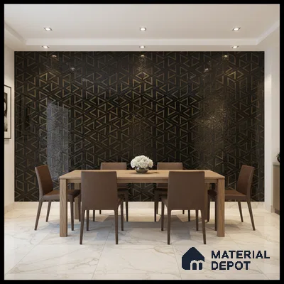 Modern dining room with geometric black and gold accent wall tile and marble floor tile