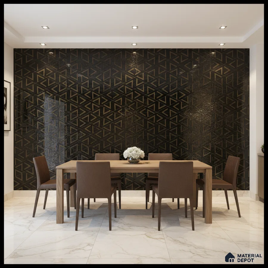 Modern dining room with geometric black and gold accent wall tile and marble floor tile