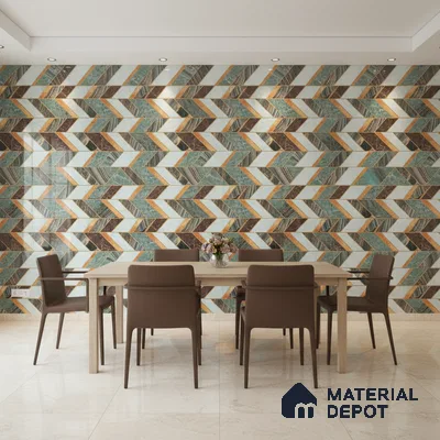 Modern dining room with geometric chevron patterned wall tiles and beige marble floor tiles
