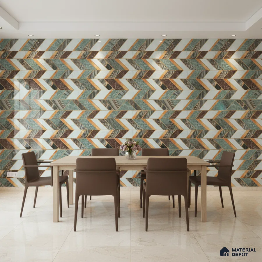 Modern dining room with geometric chevron patterned wall tiles and beige marble floor tiles