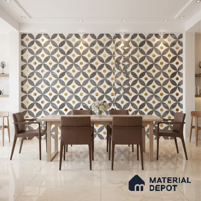Modern dining room with geometric patterned wall tiles and beige marble floor tiles