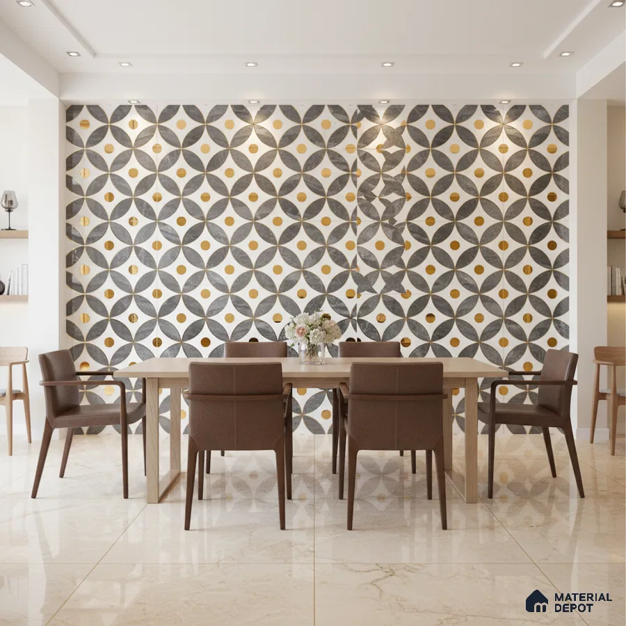Modern dining room with geometric patterned wall tiles and beige marble floor tiles