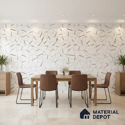 Modern dining room with geometric white wall tiles and beige marble floor tiles