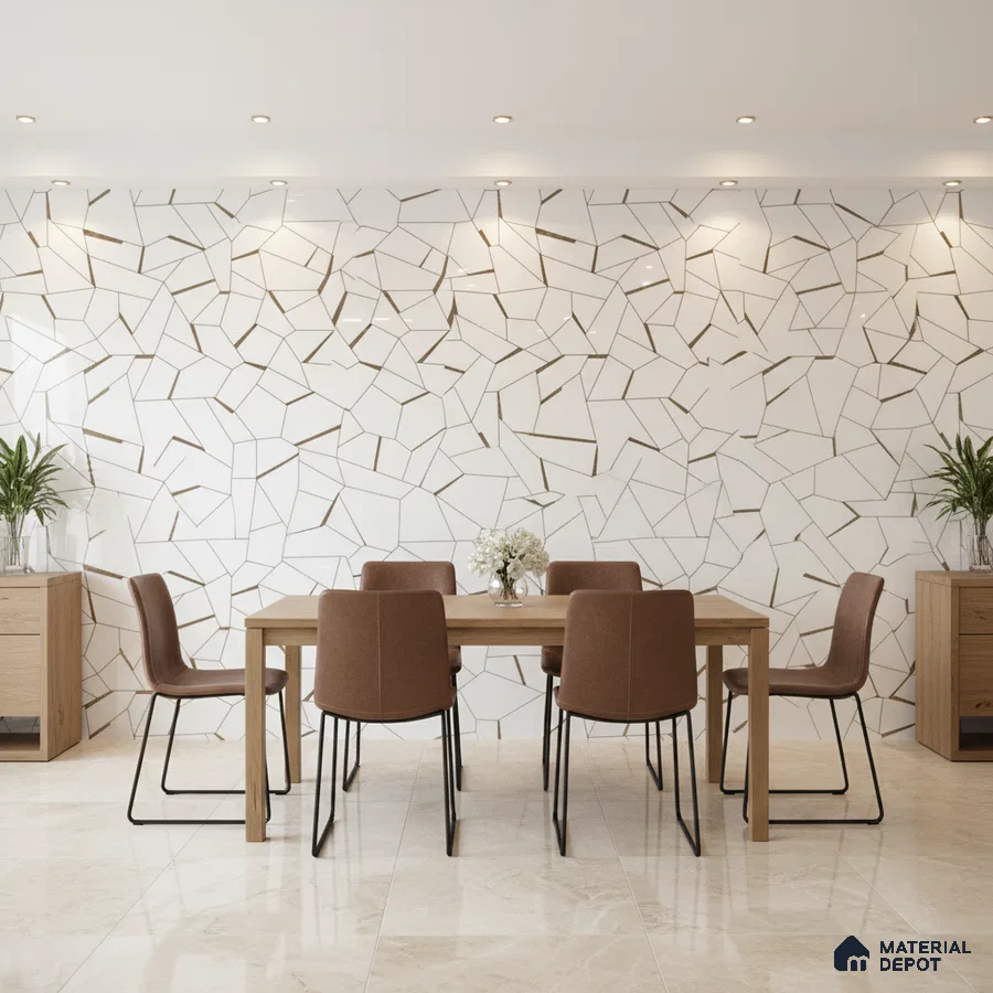 Modern dining room with geometric white wall tiles and beige marble floor tiles