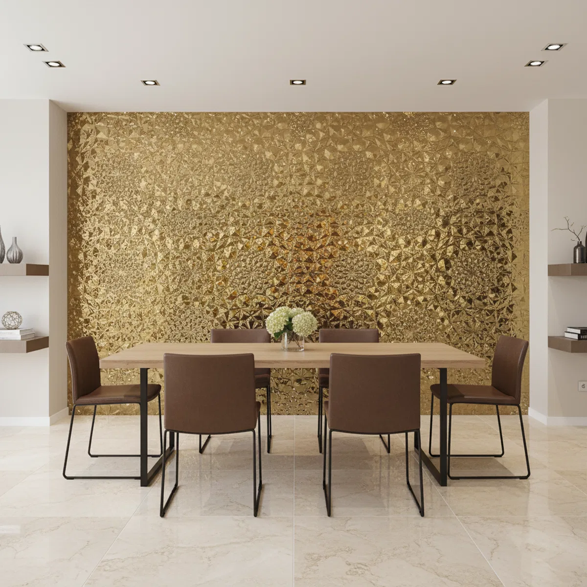 Modern dining room with gold 3D decorative wall panel and beige marble ...