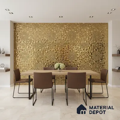 Modern dining room with gold 3D decorative wall panel and beige marble floor tile